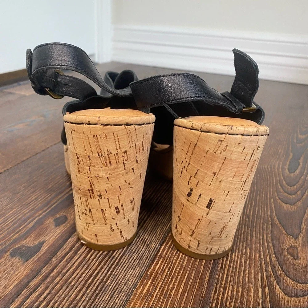 Born Black Leather Cork Wedge Sandals Heels Ankle Strap Casual Womens Shoes Sz 9
